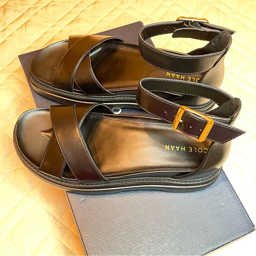 Cole Haan Black Leather Crisscross Ankle Strap Sandals with Gold Buckle - Picture 10 of 11